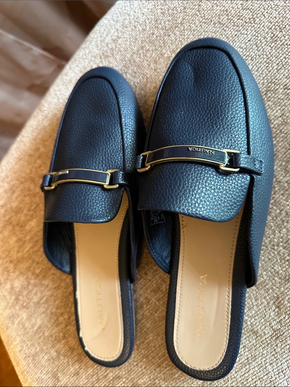 Nautical Labella Ladies Navy Slides/Mules Gold Hardware Size 9 Light Wear